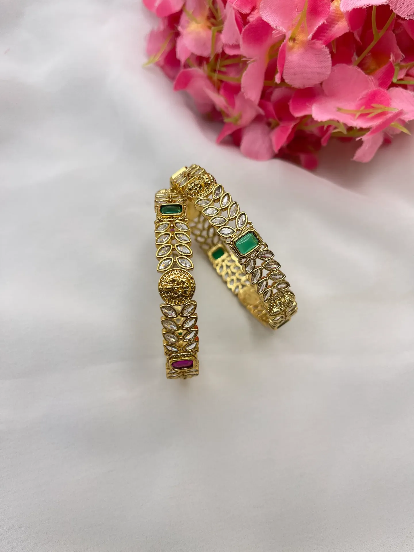 Green And Pink Stone Bangles -B03