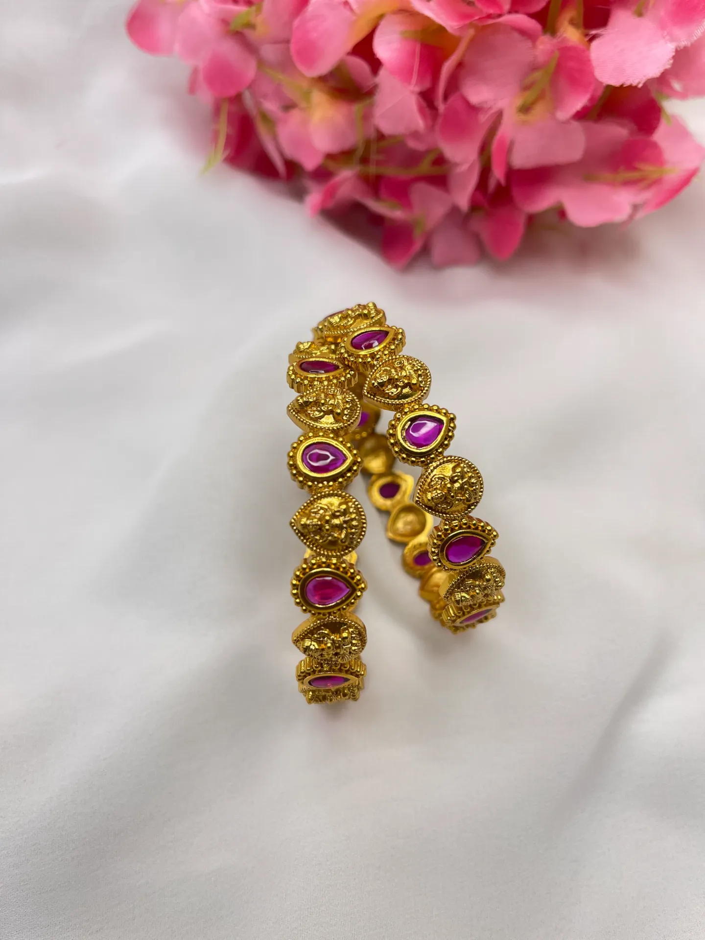 Temple Design With Pink Stone Bangles -B15