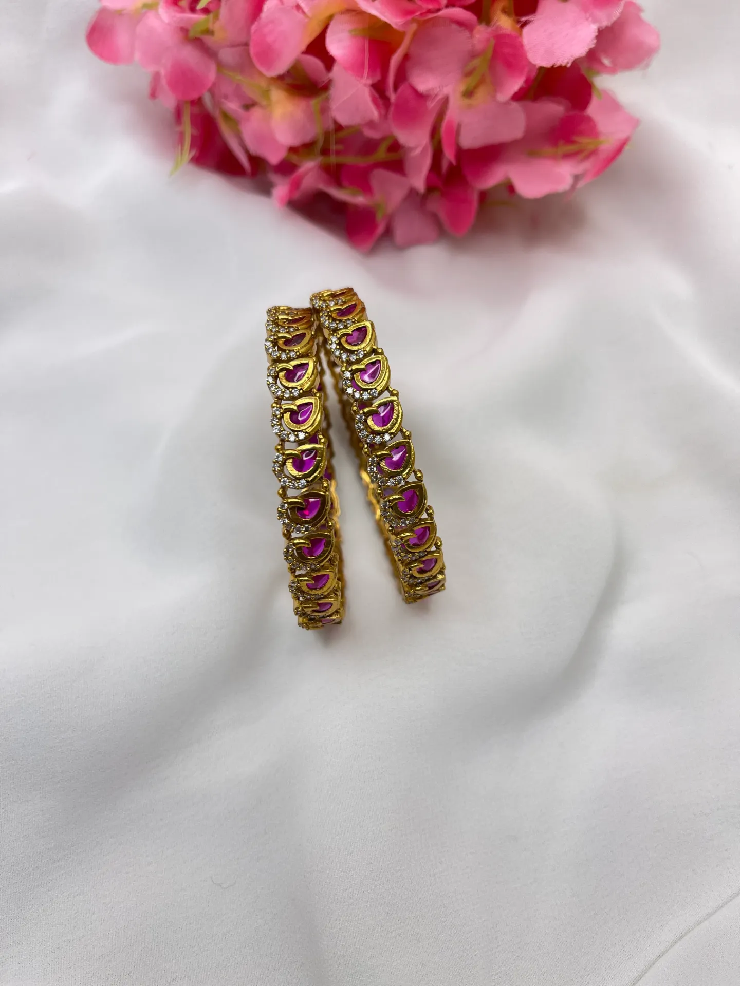 [B27 2.4] Floral Design With Pink Stone Bangles -B27 (2.4)