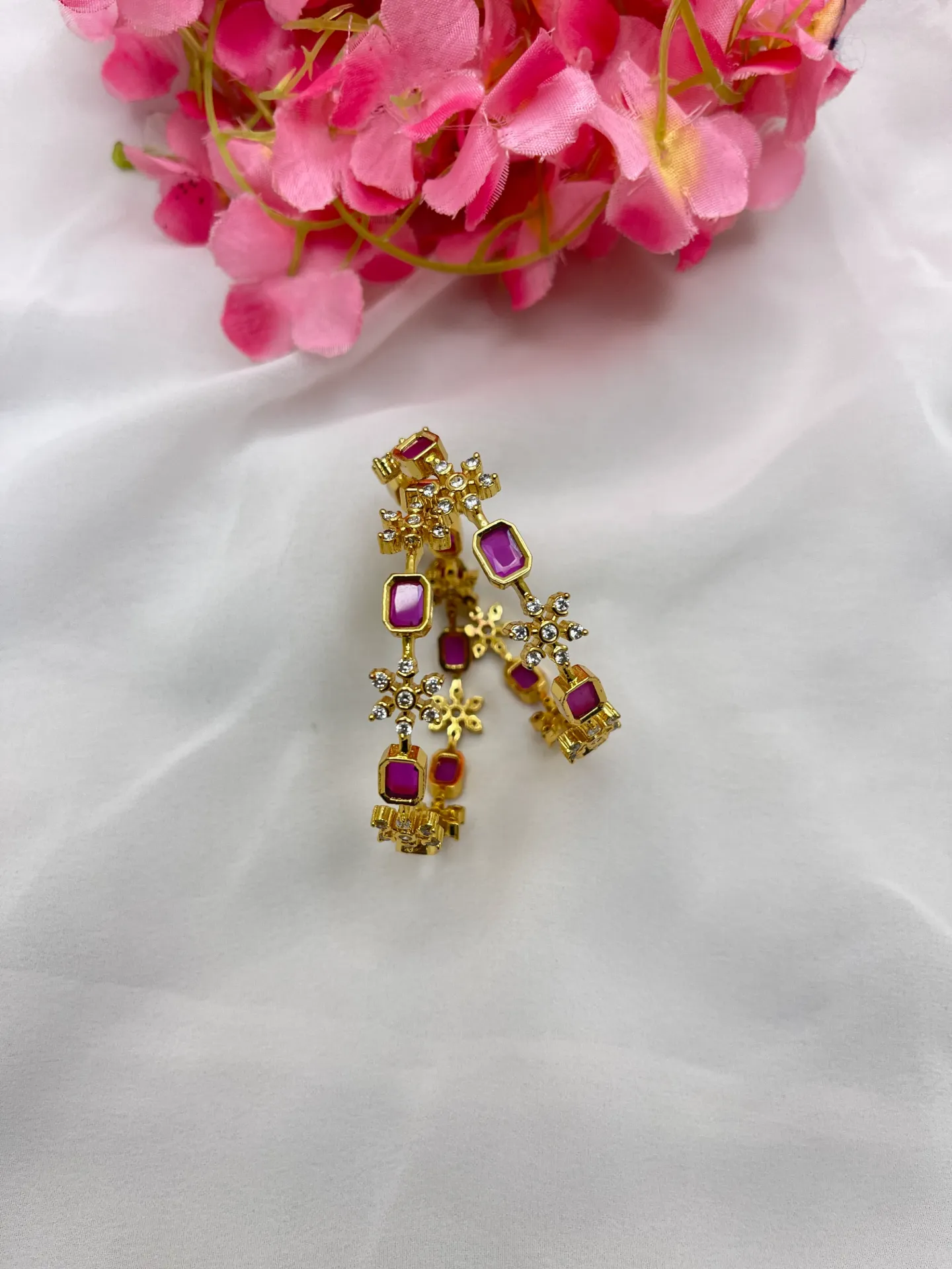 Pink Stone With Floral Design Bangles -B44