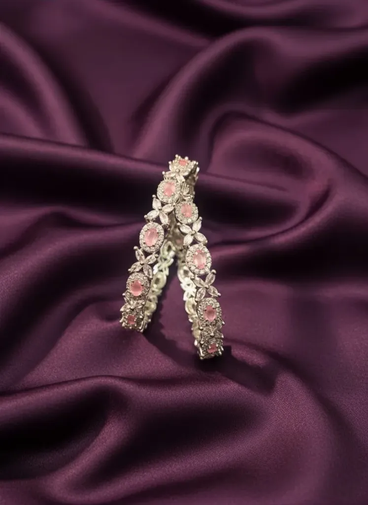Pink Stone Flower Design Bangles-B165