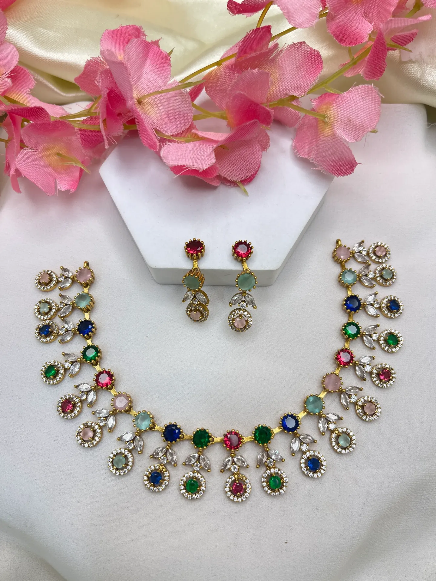 Multi Stone Necklace With Earrings -N184