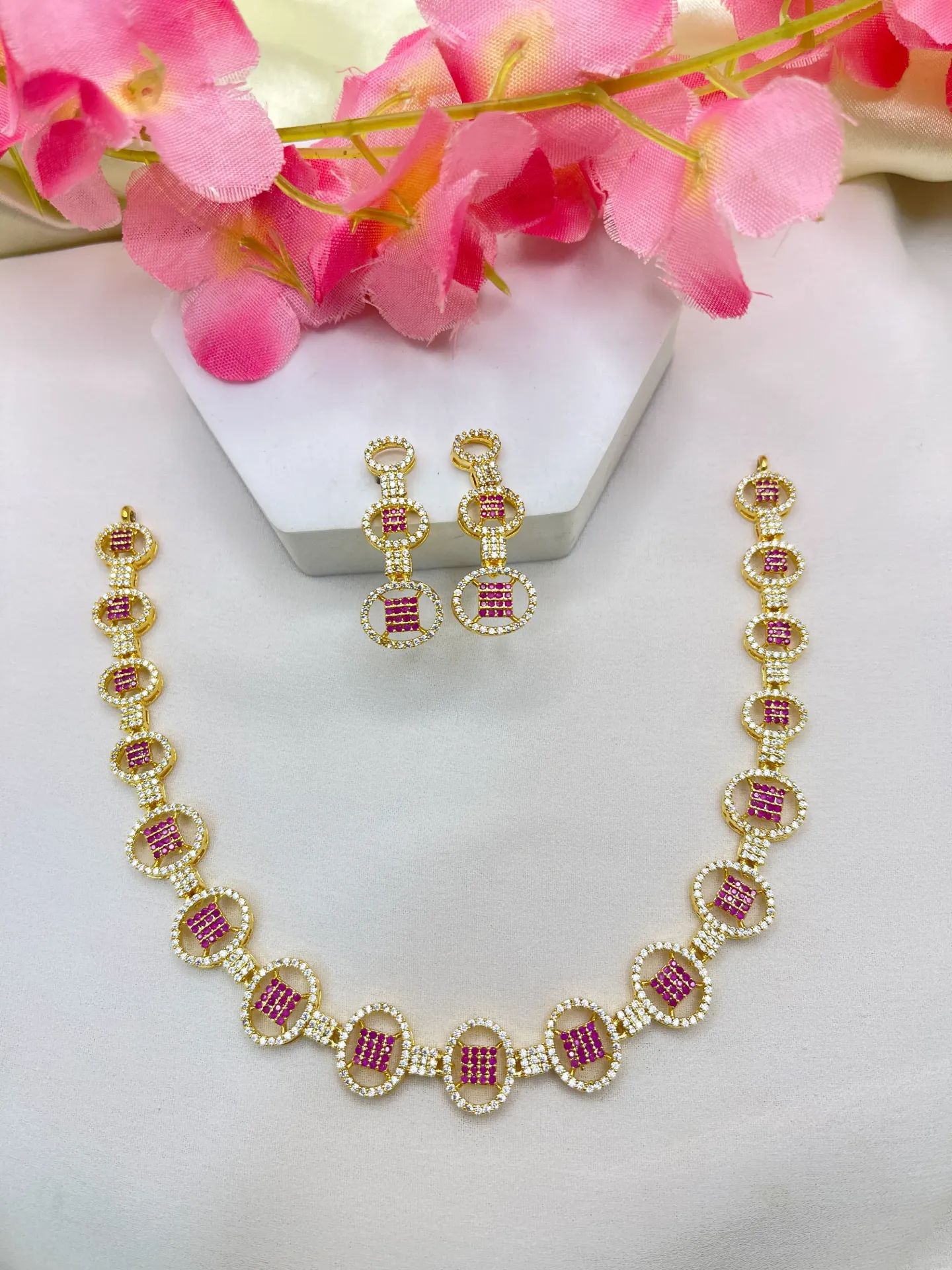 Ruby White Round Stone Necklace -N193