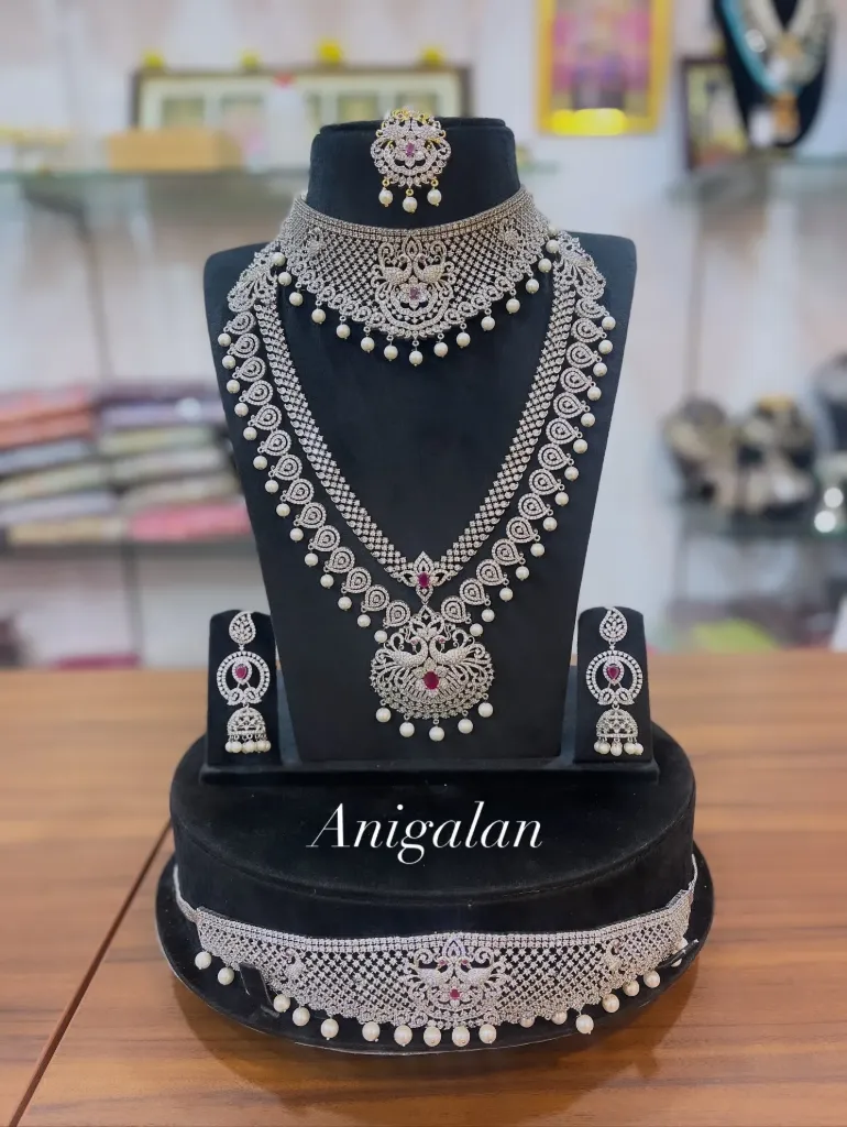 [ADBS002] Luxury Zircon Choker & Long Haram Set with  Jhumkas -  ADBS002