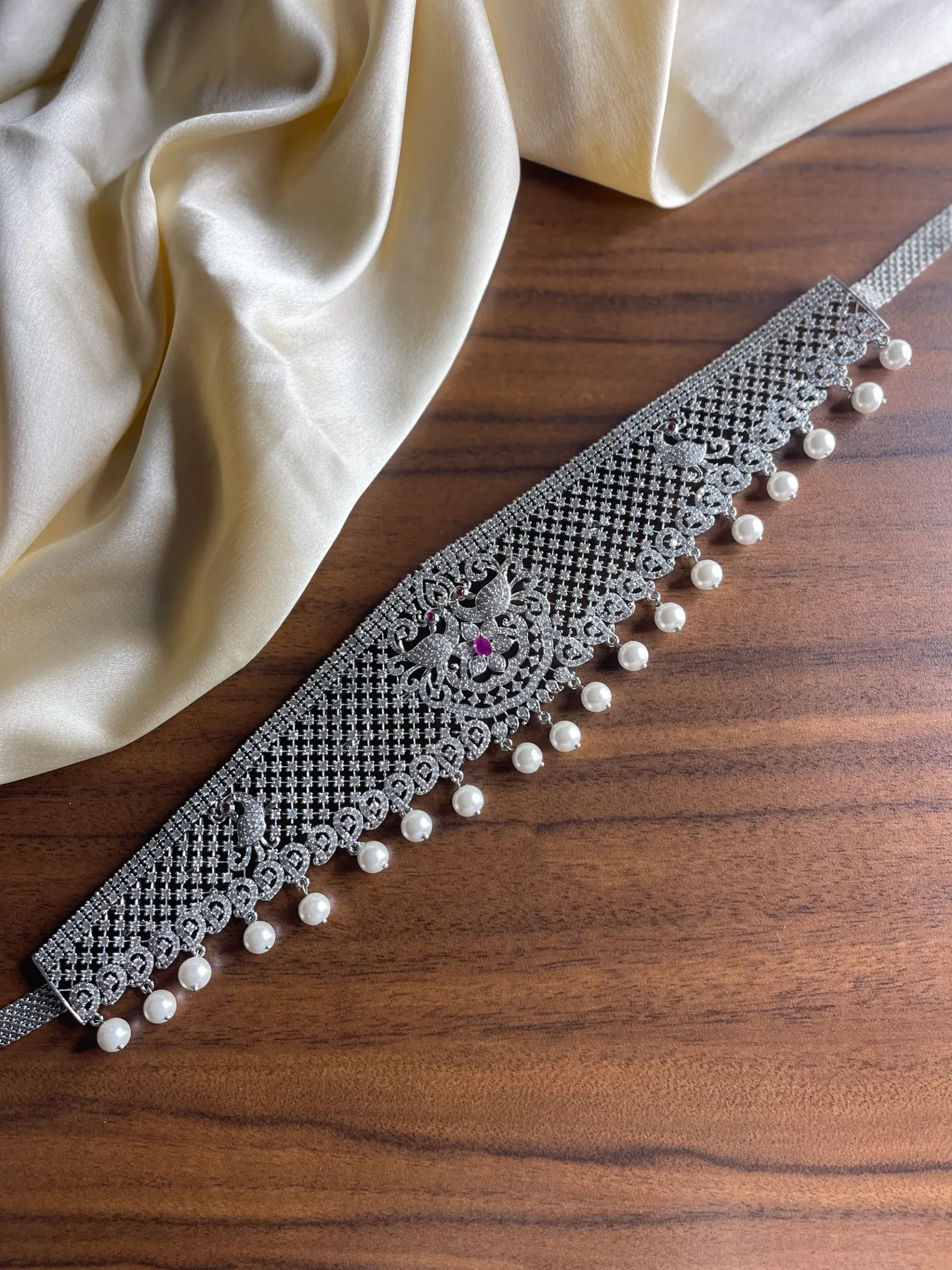Peacock Design Full AD White Stone Hipchain-HB074