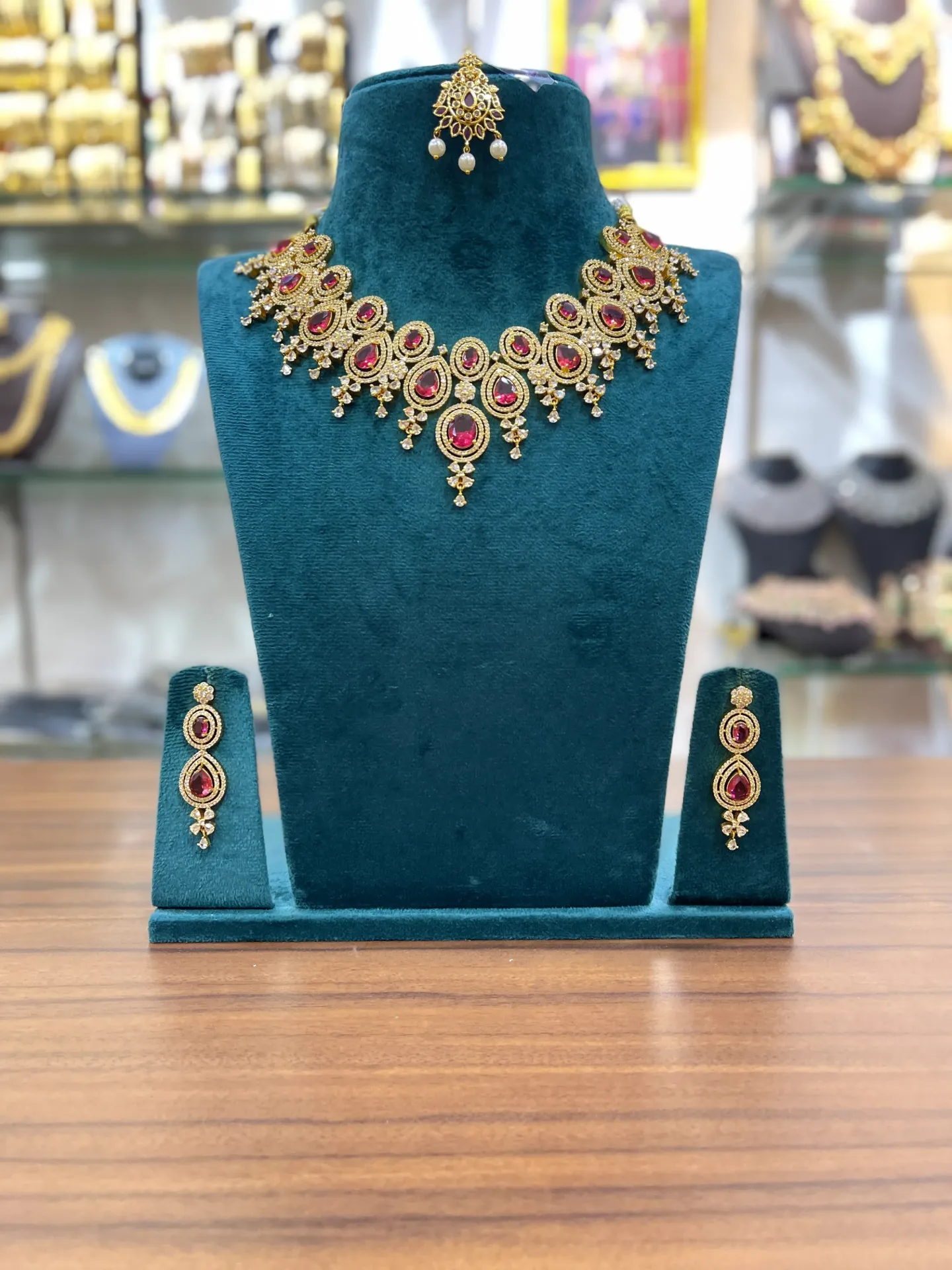 Gold Finish Pink Stone Necklace -CHK021