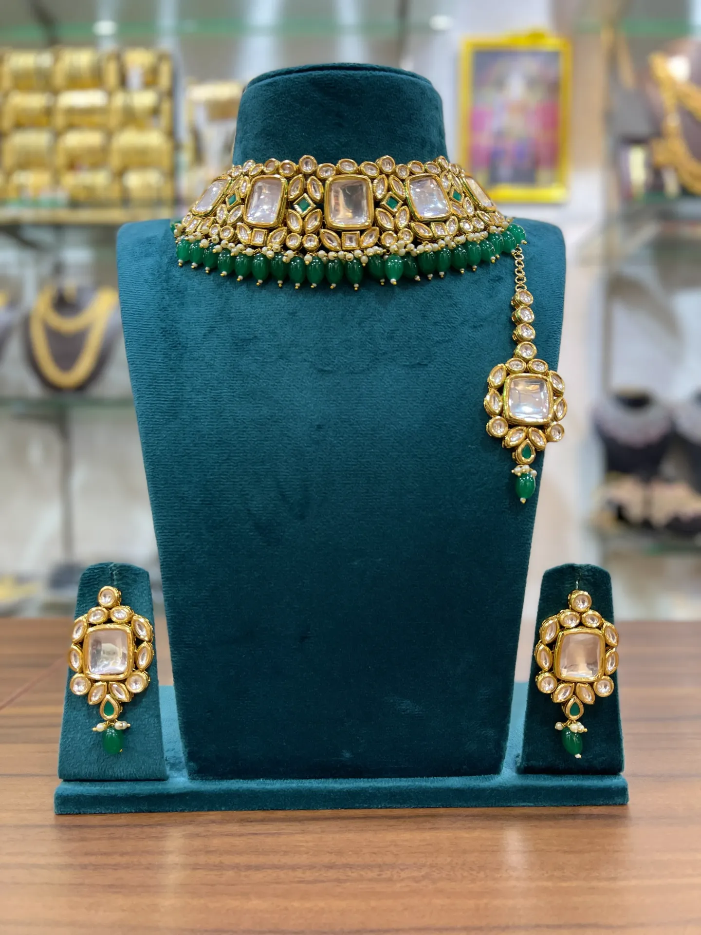 [CHK032] Kundan Stone With Green Beads Choker Set-CHK032
