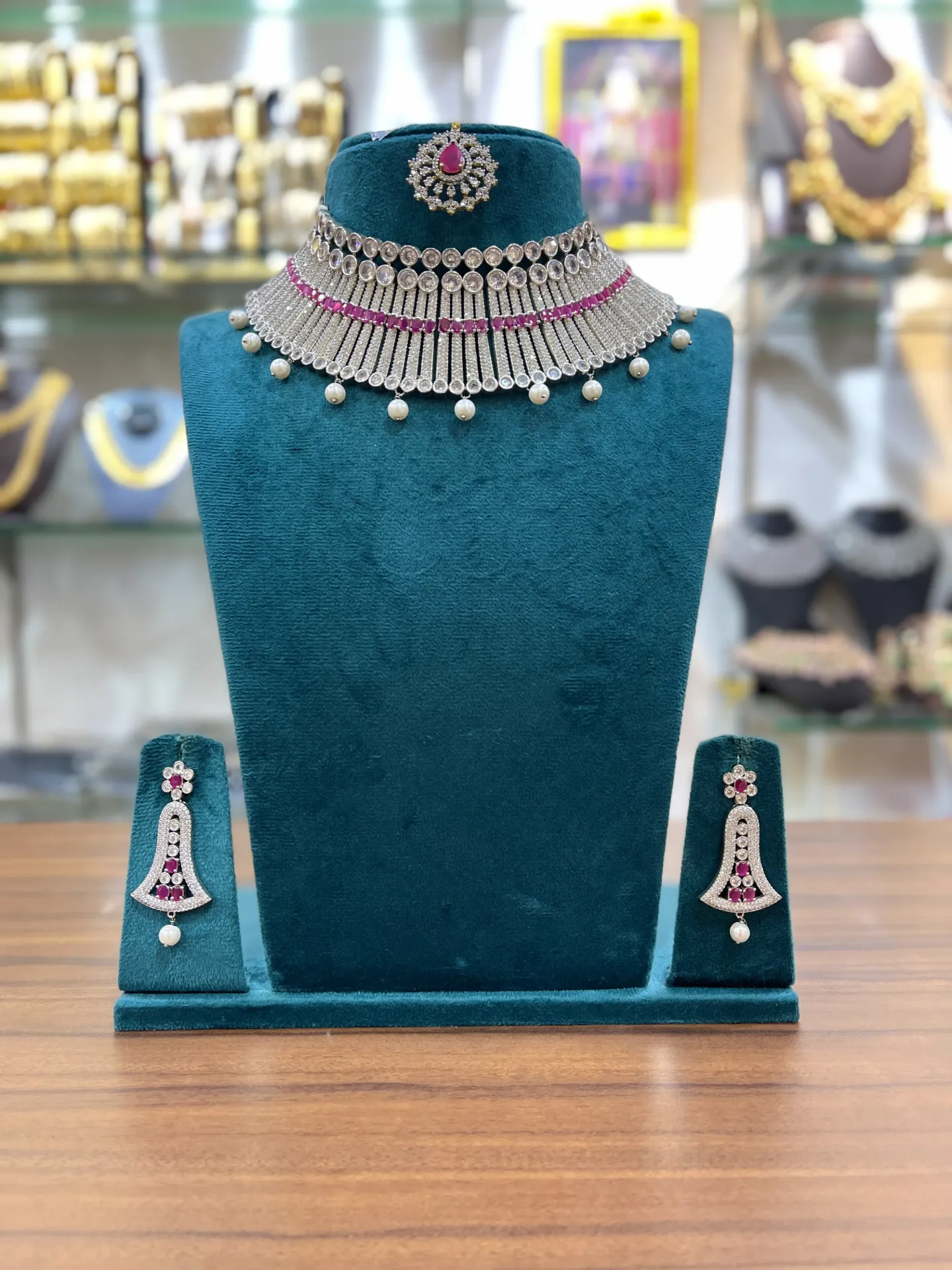 [CHK041] AD Pink Stone With Matching Earings And Tikka-CHK041