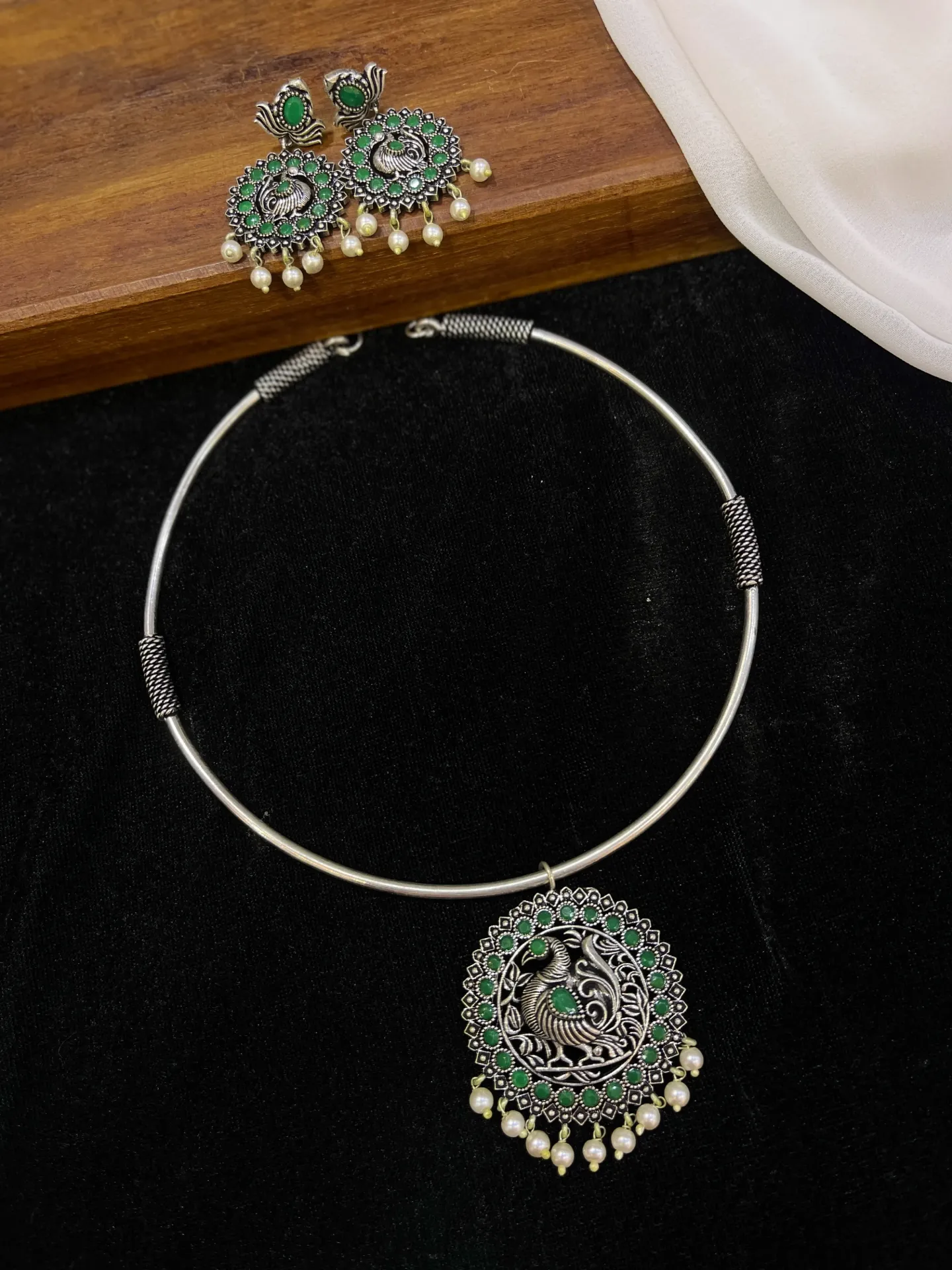 Peacock Design With Green Stone Pendent Necklace With Earrings  -N42